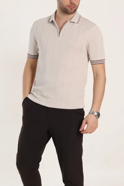 Krem Slim Fit Likralı Fermuarlı Polo Yaka Kısa Kollu Triko Tişört 338553