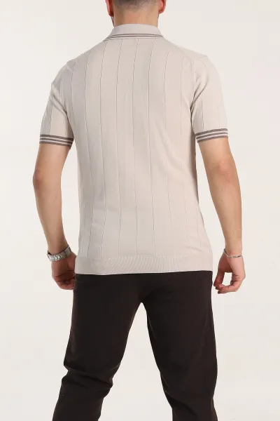 Krem Slim Fit Likralı Fermuarlı Polo Yaka Kısa Kollu Triko Tişört 338553