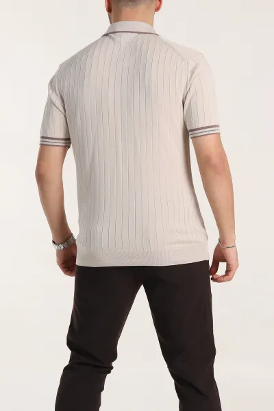 Krem Slim Fit Patlı Polo Yaka Kısa Kollu Erkek Triko Tişört 338581