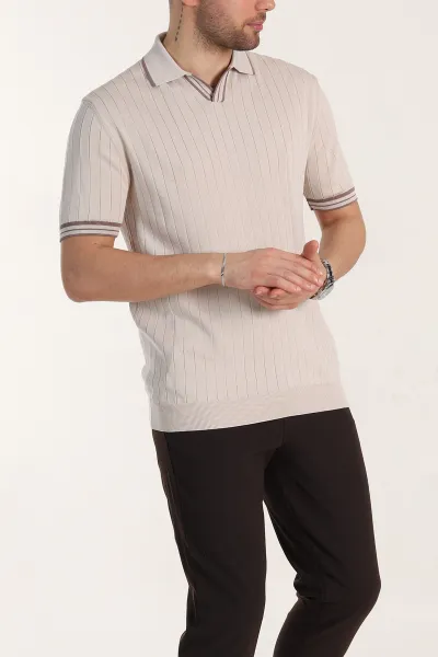 Krem Slim Fit Patlı Polo Yaka Kısa Kollu Erkek Triko Tişört 338581