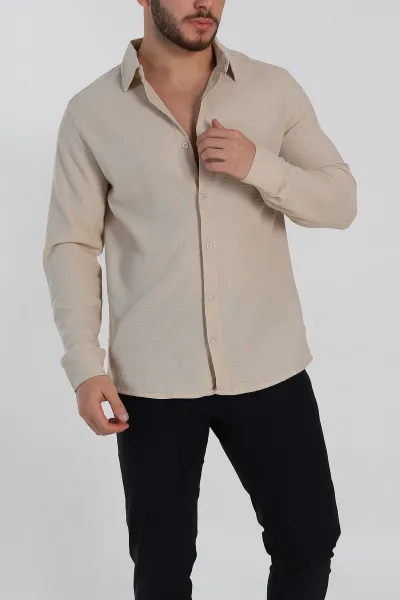 Krem Slim Fit Petek Dokulu Uzun Kollu Erkek Gömlek 325211