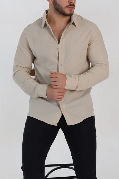 krem-slim-fit-petek-dokulu-uzun-kollu-erkek-gomlek-325211