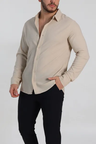 Krem Slim Fit Petek Dokulu Uzun Kollu Erkek Gömlek 325211