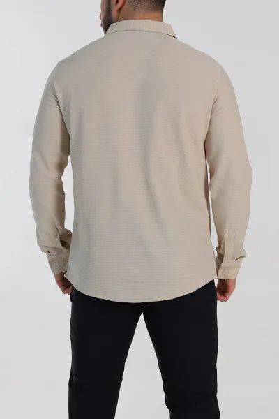 Krem Slim Fit Petek Dokulu Uzun Kollu Erkek Gömlek 325211