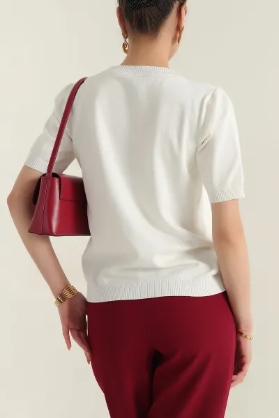 Krem Taş İşlemeli Recycle Triko Bluz 355387