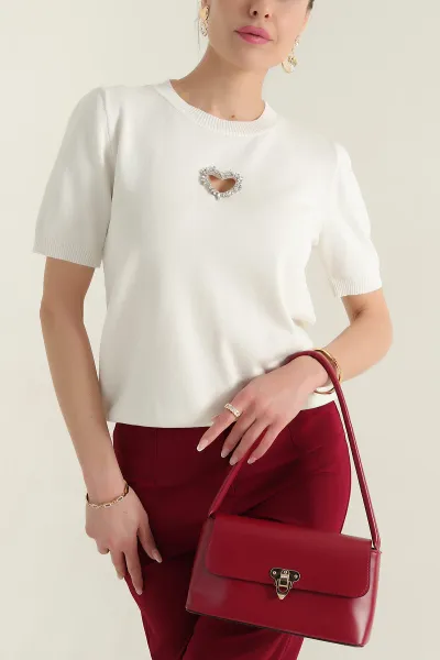 Krem Taş İşlemeli Recycle Triko Bluz 355387