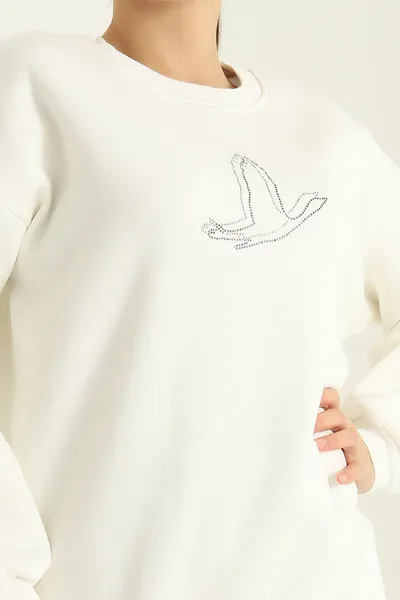 Krem Taş İşlemeli Şardonlu Üç İp Sweat 328992