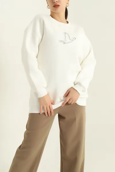 Krem Taş İşlemeli Şardonlu Üç İp Sweat 328992