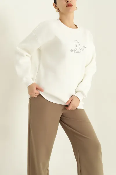 Krem Taş İşlemeli Şardonlu Üç İp Sweat 328992