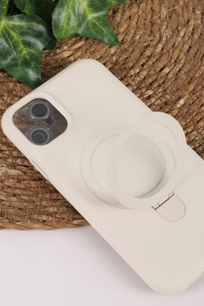 Krem TeknoCase İPhone 11 Uyumlu Ringy Case Serisi Standlı Lens Hediyeli Sert Silikon Telefon Kılıfı 450157