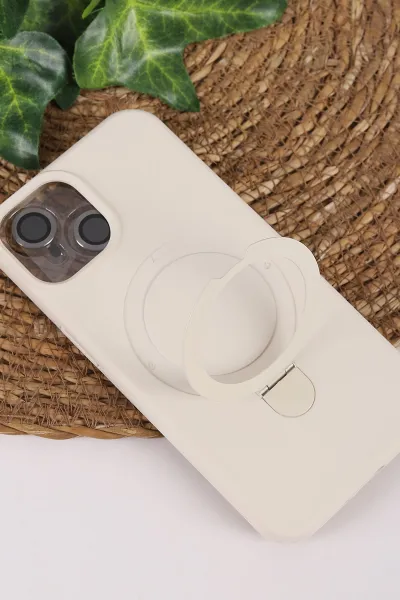 Krem TeknoCase İPhone 13 Uyumlu Ringy Case Serisi Standlı Lens Hediyeli Sert Silikon Telefon Kılıfı 450163