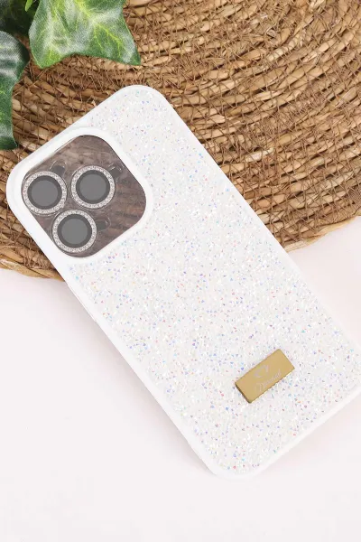 Krem TeknoCase İPhone 15 Pro Uyumlu Ella Diamond Case Serisi Lens Hediyeli Sert Silikon Telefon Kılıfı 457752