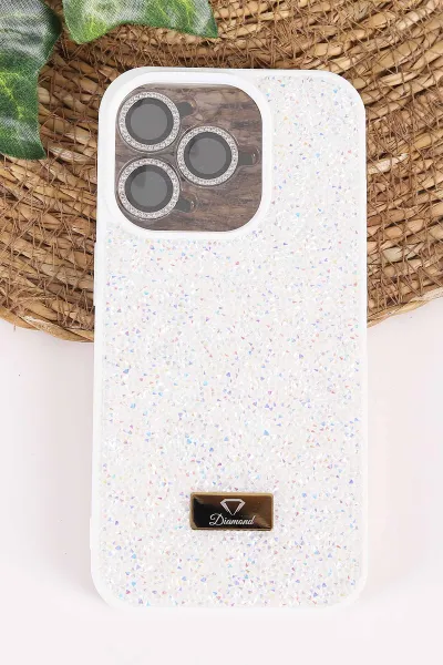 Krem TeknoCase İPhone 15 Pro Uyumlu Ella Diamond Case Serisi Lens Hediyeli Sert Silikon Telefon Kılıfı 457752