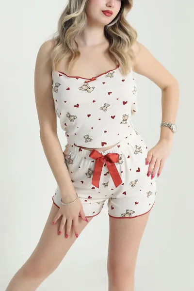 Krem Transferli Penye Şortlu Kadın Pijama Takımı 476873