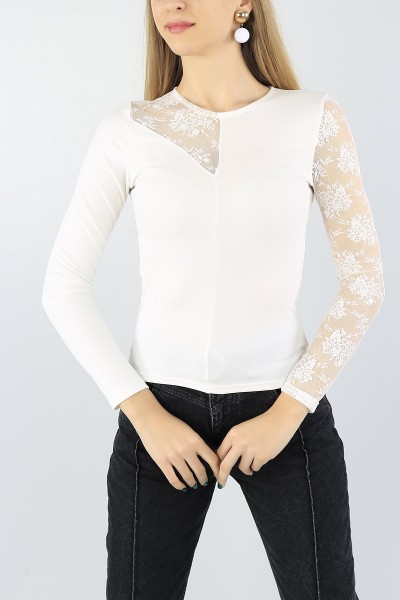 Krem Tül Tasarımlı Bluz 54143