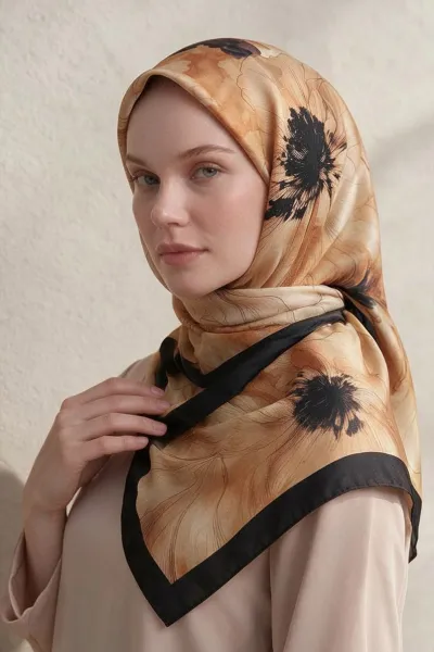 Krem - Turuncu 90x90 Cm Dijital Baskılı Florenza Desen Soft Eşarp 498665