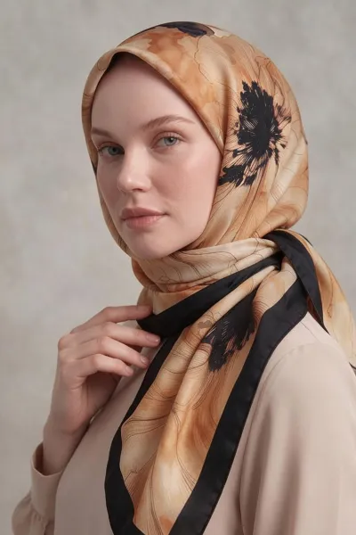 Krem - Turuncu 90x90 Cm Dijital Baskılı Florenza Desen Soft Eşarp 498665