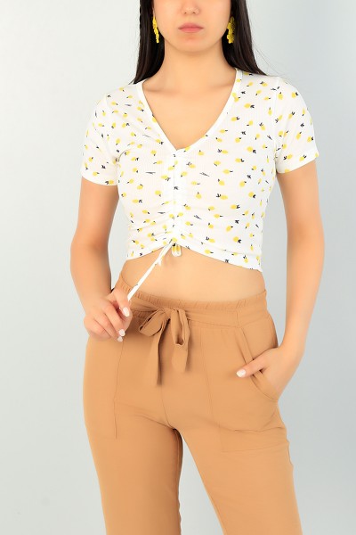 Krem V Yaka Sıkmalı Bluz 71616