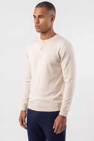 Krem Viskon Triko Düğmeli O Yaka Erkek Triko Kazak 489887