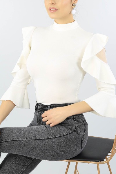 Krem Volanlı Tül Detay Bluz 54145