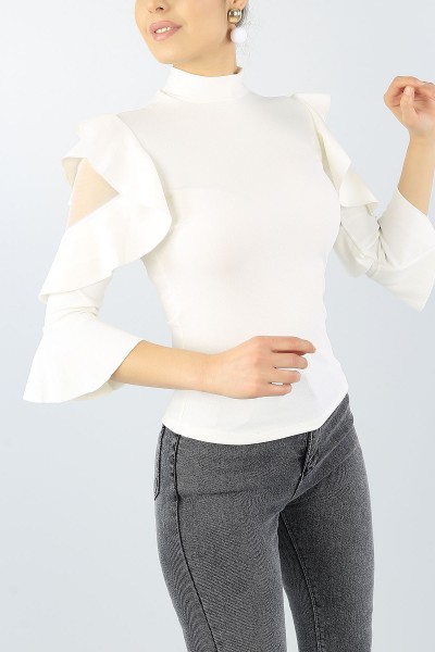 Krem Volanlı Tül Detay Bluz 54145