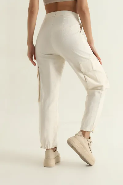 Krem Yağmur Gabardin Kadın Kargo Pantolon 361373
