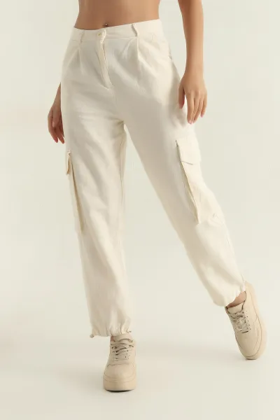 Krem Yağmur Gabardin Kadın Kargo Pantolon 361373