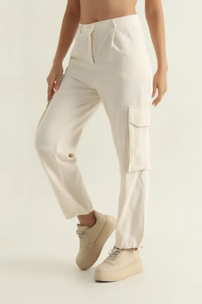 Krem Yağmur Gabardin Kadın Kargo Pantolon 361373