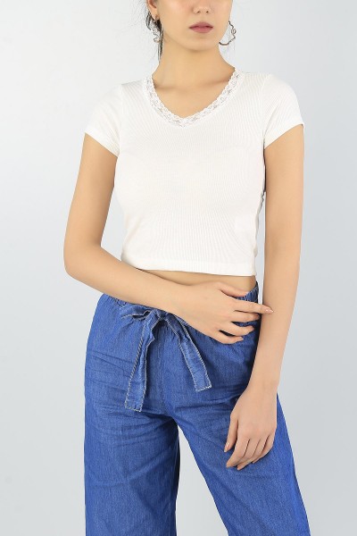 Krem Yakası Dantelli Bayan Likralı Crop 56779
