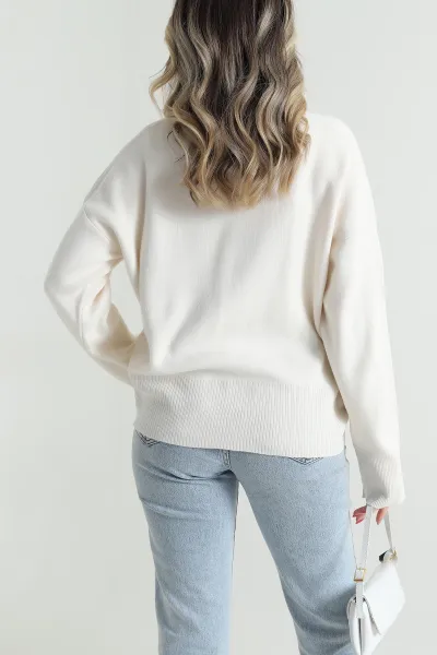 Krem Yarım Balıkçı Fermuarlı Bantlı Kadın Triko Hırka 492851