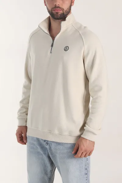Krem Yarım Fermuarlı Nakış Detaylı Erkek Sweatshirt 406850