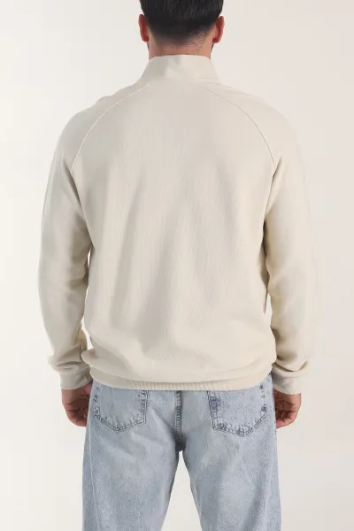 Krem Yarım Fermuarlı Nakış Detaylı Erkek Sweatshirt 406850