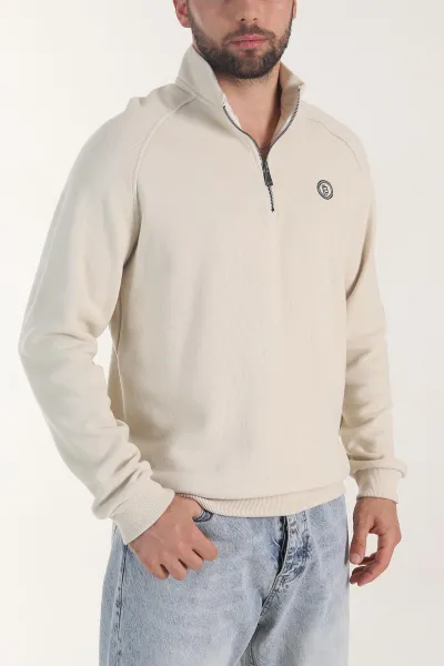 Krem Yarım Fermuarlı Nakış Detaylı Erkek Sweatshirt 406850