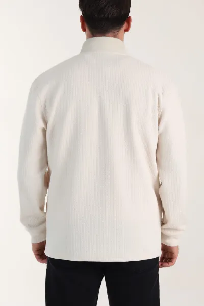 Krem Yarım Fermuarlı Polo Yaka Erkek Sweatshirt 410869