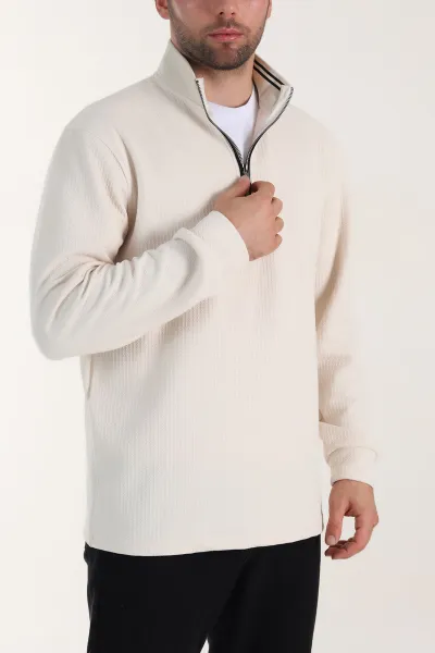 Krem Yarım Fermuarlı Polo Yaka Erkek Sweatshirt 410869