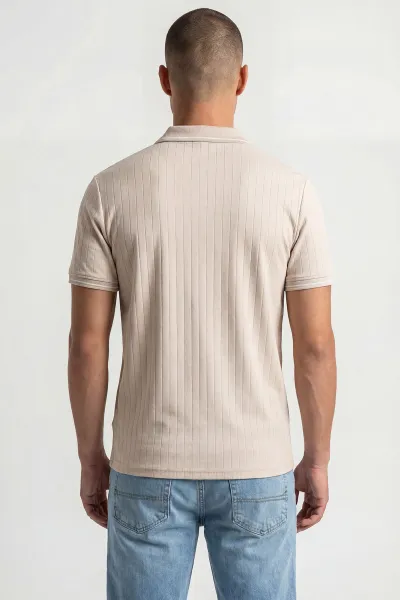 Krem Yarım Fermuarlı Polo Yaka Erkek Tişört 438837