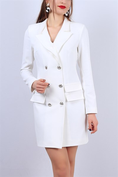 Kruvaze Yaka Beyaz Bayan Ceket Elbise 11638B