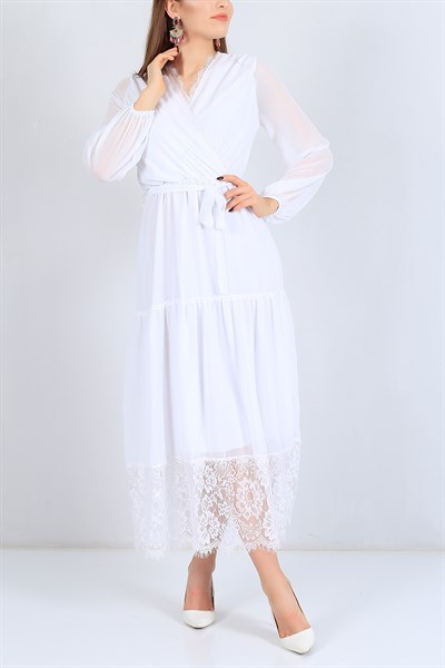 Kruvaze Yaka Beyaz Şifon Tasarım Elbise 25144B