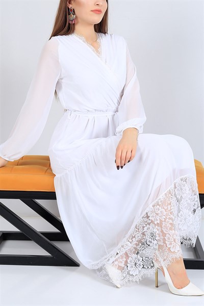 Kruvaze Yaka Beyaz Şifon Tasarım Elbise 25144B