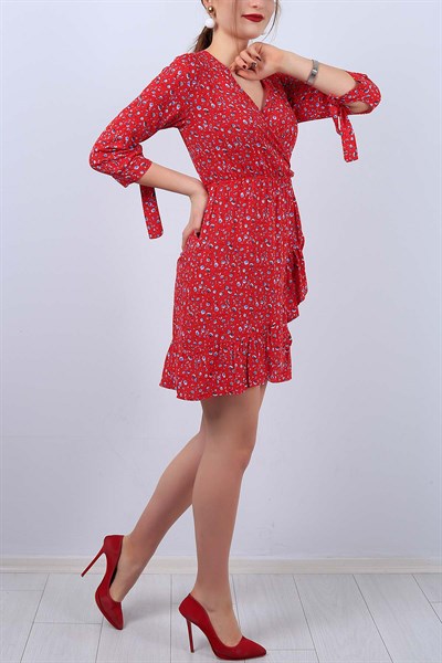 Kruvaze Yaka Kırmızı Bayan Fırfırlı Elbise 11827B