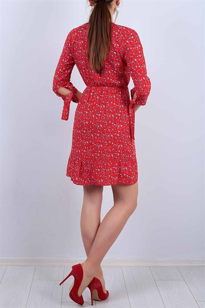 Kruvaze Yaka Kırmızı Bayan Fırfırlı Elbise 11827B
