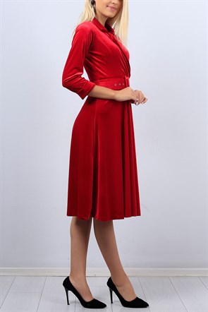 Kruvaze Yaka Kırmızı Bayan Kadife Elbise 10934B