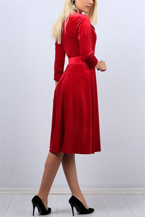 Kruvaze Yaka Kırmızı Bayan Kadife Elbise 10934B