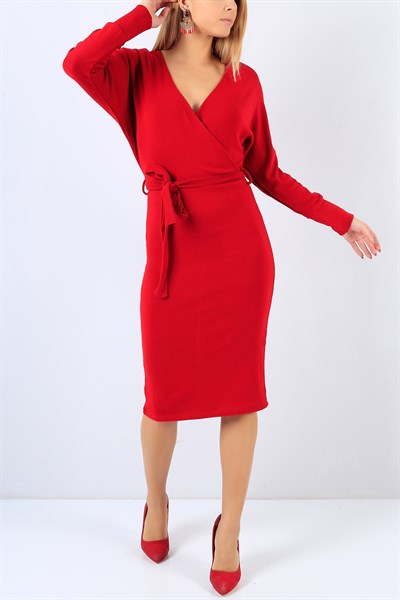 Kruvaze Yaka Kırmızı Bayan Triko Elbise 22163B