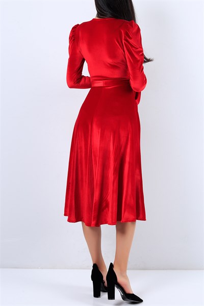 Kruvaze Yaka Kırmızı Kadife Elbise 19691B
