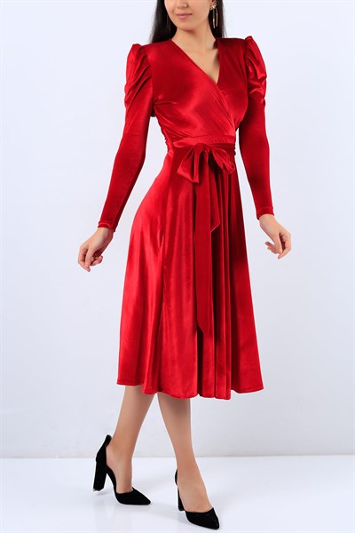Kruvaze Yaka Kırmızı Kadife Elbise 19691B