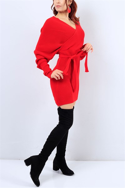 Kruvaze Yaka Kırmızı Triko Elbise 20696B