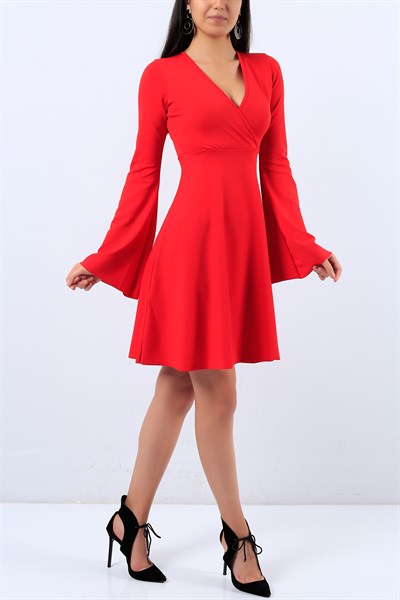 Kruvaze Yaka Likralı Kırmızı Elbise 19475B