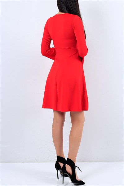 Kruvaze Yaka Likralı Kırmızı Elbise 19475B
