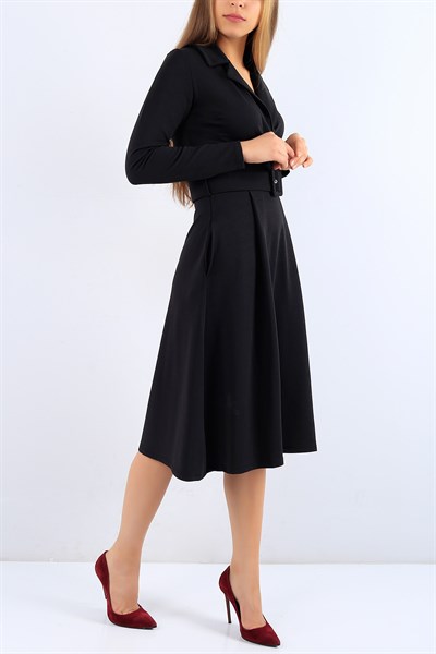 Kruvaze Yaka Likralı Siyah Bayan Elbise 19524B